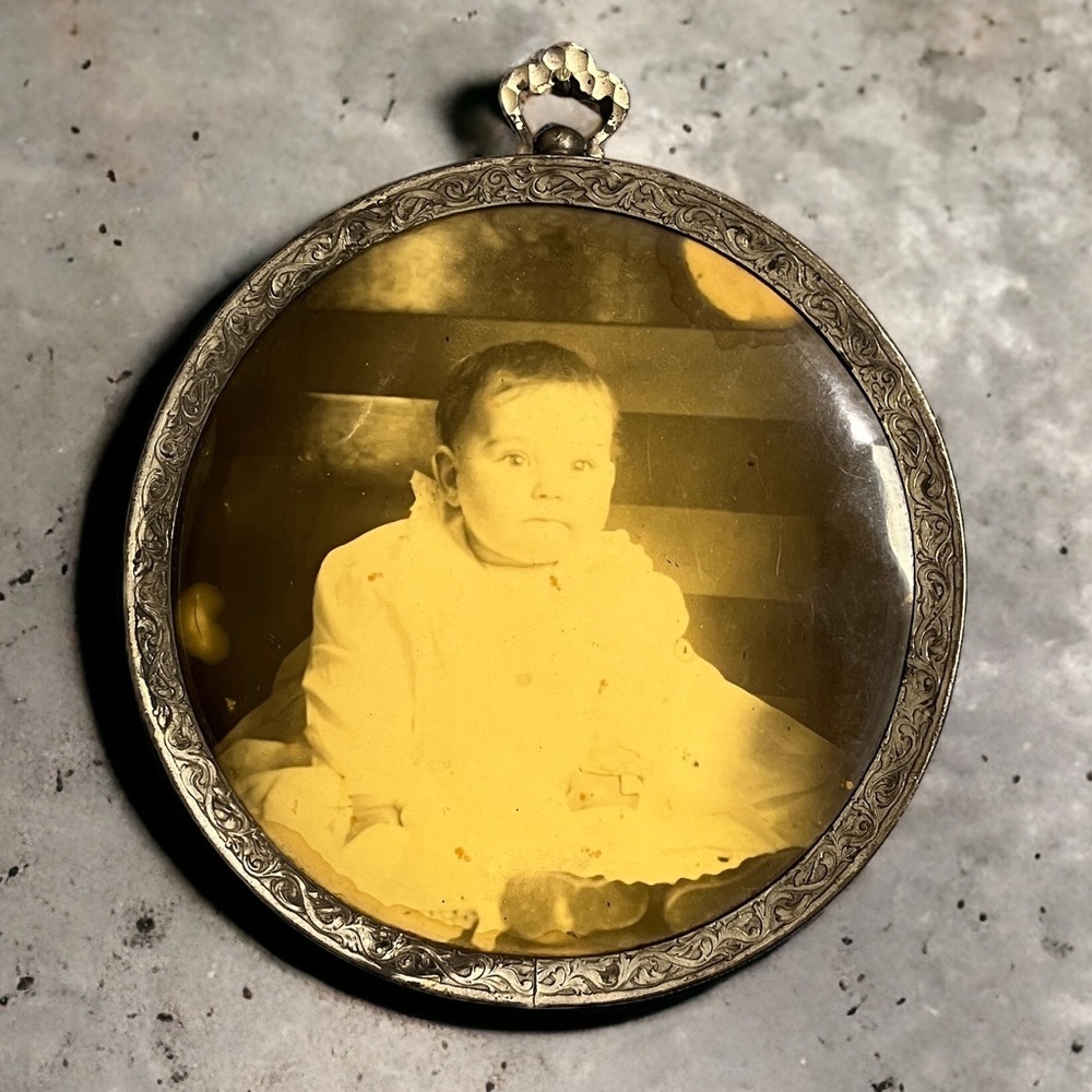 Antique Tintype Victorian Baby Photo 6" in Ornate Metal Round Picture Frame